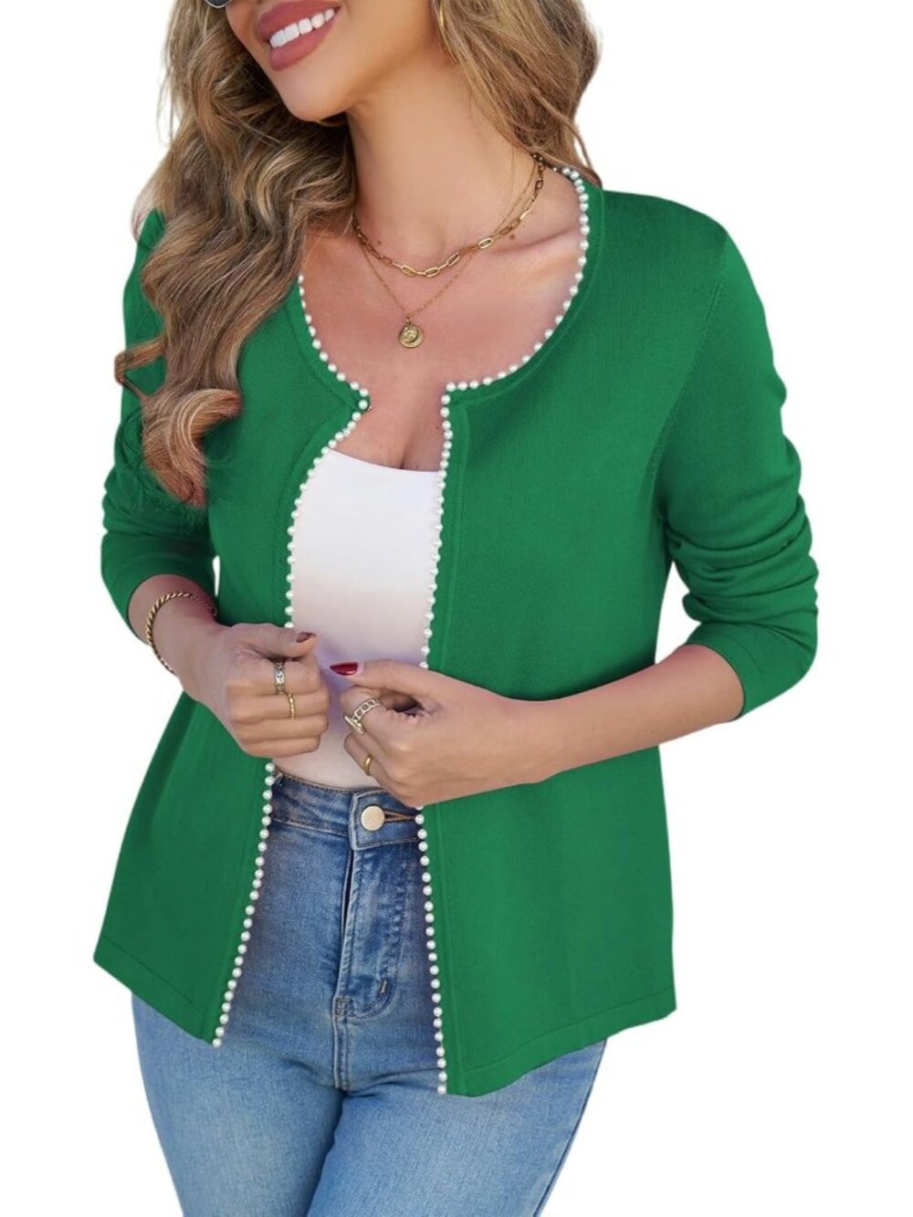 Women's Green Lightweight Open Front Sweater Cardigan Pearls Trim Knit Jacket